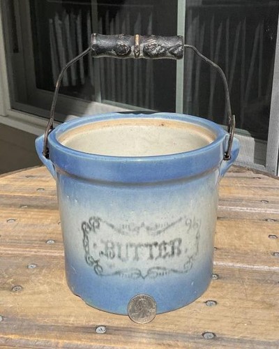 Antique stoneware blue butter - stoneware,